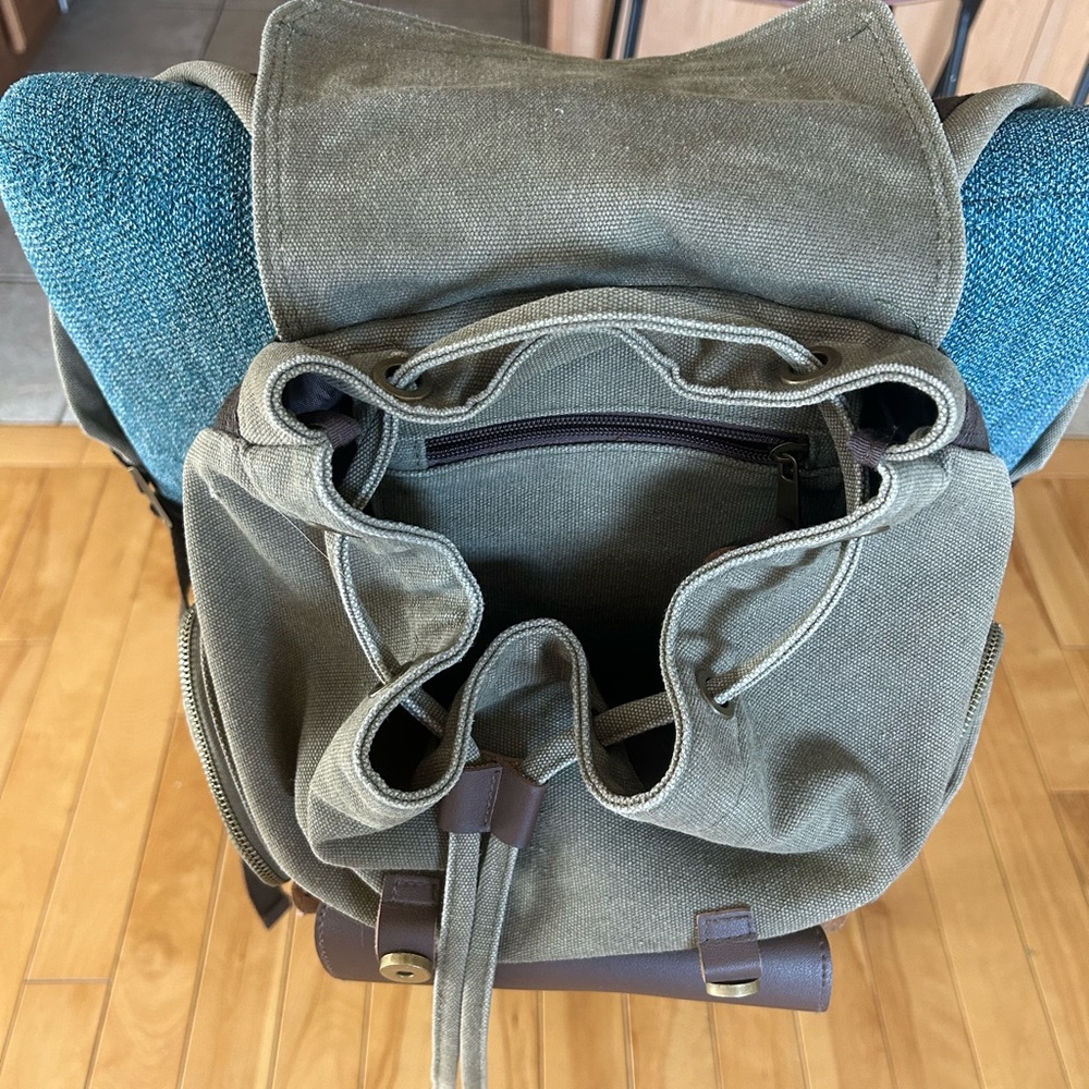 Canvas Drawstring Backpack With Brown Leather Trim - image 2